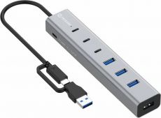 7-Porttinen USB 3.0 -hubi USB-C-virransyötöllä 